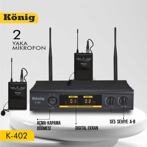 König K-402 Yaka+Yaka İki Kanal Uhf Telsiz Mikrofon