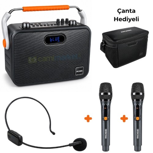 Rose HP-501-EEK 150 Watt Kablosuz Çift El ve Kafa Mikrofonlu USB-SD-Bluetooth Taşınabilir Ses Sistemi