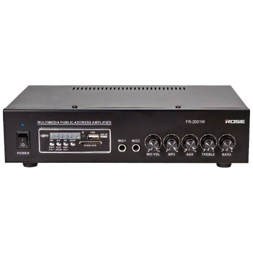 Rose FR-2001W 80 Watt Trafolu Mağaza Anfisi 2 Mikrofon Girişli Mp3, Bluetooth, SD Kart, Kumandalı