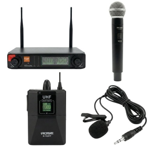 Rose R-702-EY UHF Kablosuz Telsiz El Yaka Mikrofon 2x48 Kanal